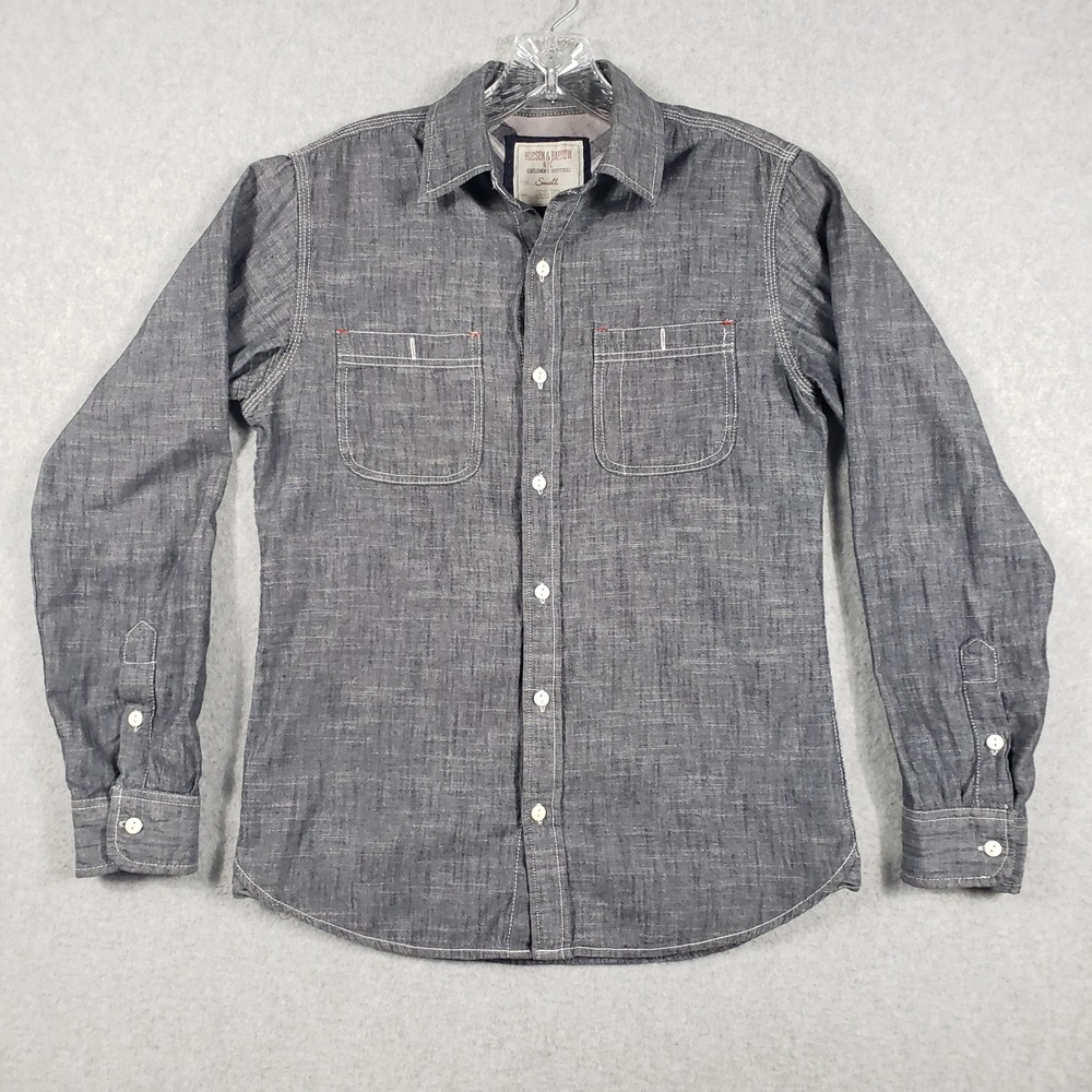 Hudson & Barrow Mens Shirt Chambray Button Down Small Gray Workwear Long‎ Sleeve